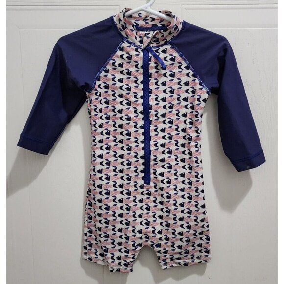 Egg By Susan Lazar Baby One Piece Zip Front LS Rashguard Red White Blue Fish 12M - Picture 1 of 13